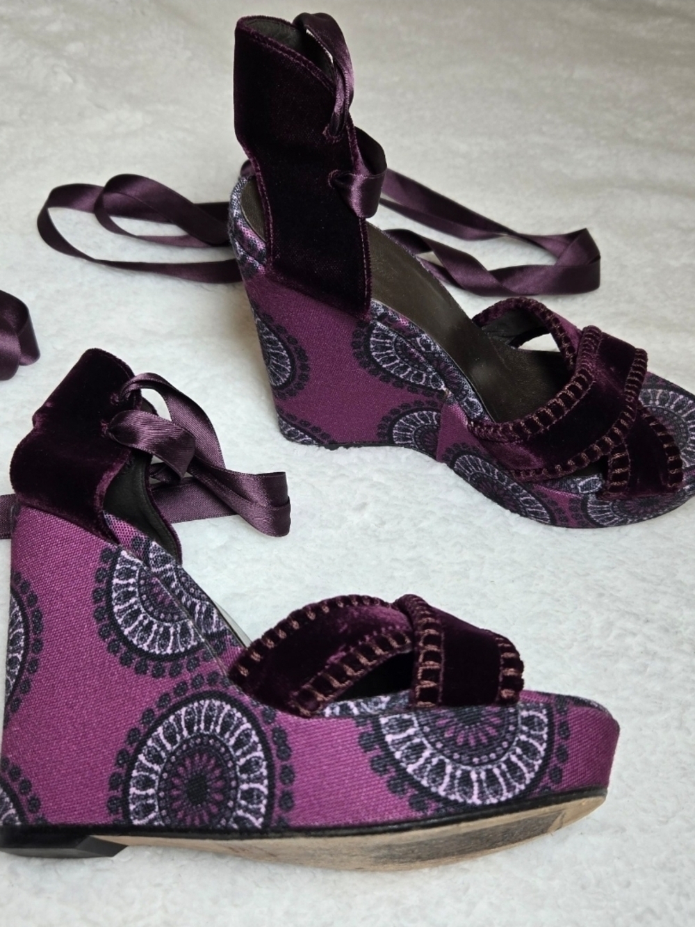 Theodora & Callum Plum Velvet & Printed Wedge Sandals